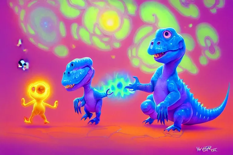 Image similar to pixar designed cute, smiling chibi style baby dinosaurs made entirely out of glowing electrified plasma, having fun inside a psychedelic realm made entirely out of love and acceptance and hypercolors. astral beings sharing love. greg rutkowski and wlop and lisa frank! and ruan jia, illustration, epic, fantasy, hyper detailed, smooth, unreal engine, sharp focus, ray tracing