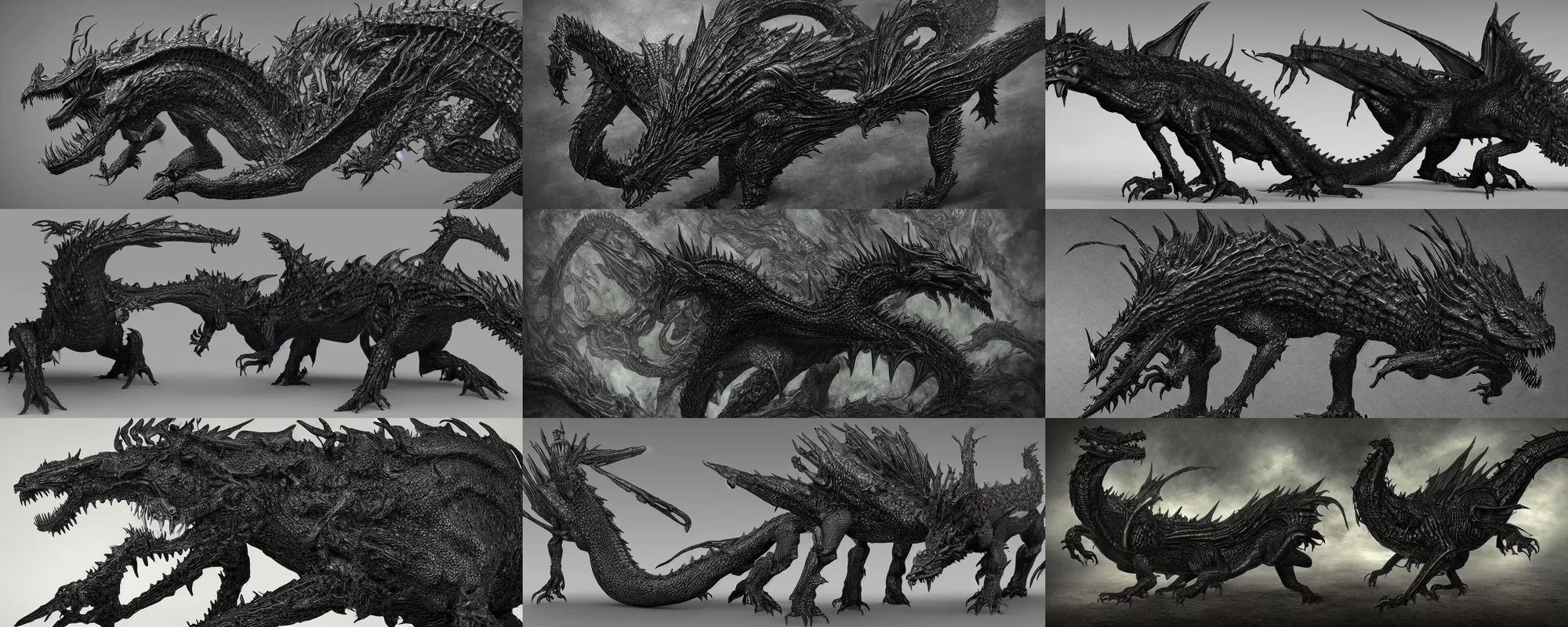 Prompt: full body, side perspective, large black scaled dragon, 3D, 8k resolution, by H R Giger