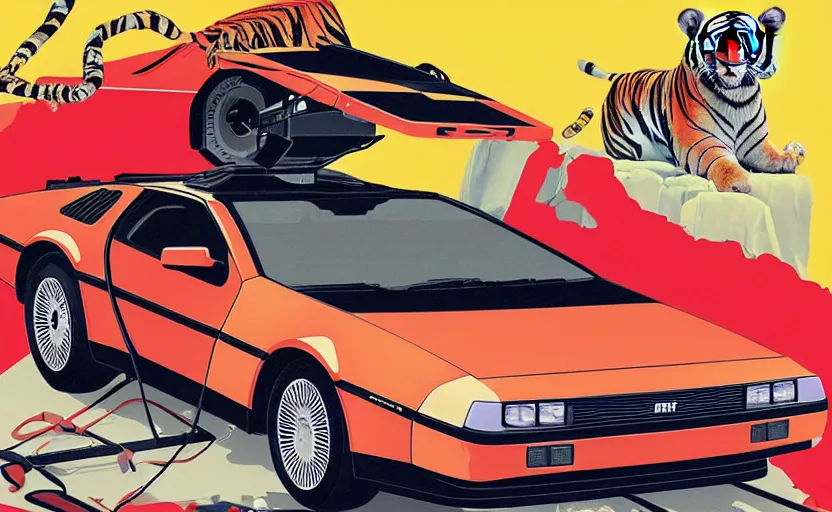 Image similar to a red delorean, yellow tiger stripe background, art by hsiao - ron cheng and utagawa kunisada, magazine collage, # de 9 5 f 0,