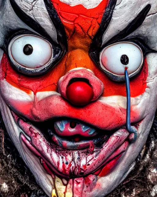 Prompt: a clown with a melting face, close up, horror art