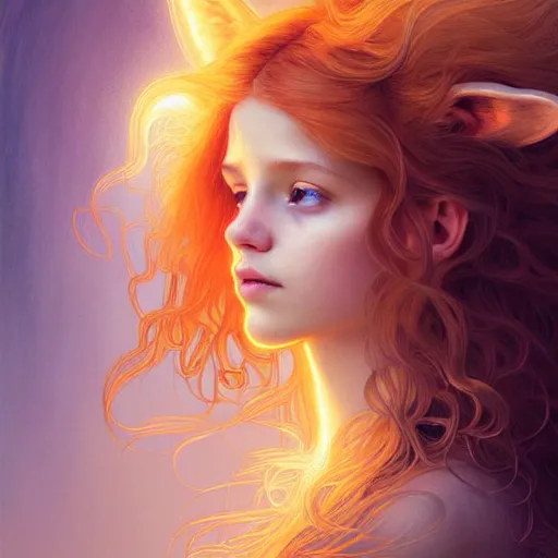 Image similar to Portrait of a girl angel with pale orange colored frizzy strands of illuminated hair, cat ears on her head, glowing halo, Lion's Mane, fantasy, intricate, elegant, highly detailed, digital painting, artstation, concept art, smooth, sharp focus, illustration, art by Krenz Cushart and Artem Demura and alphonse mucha