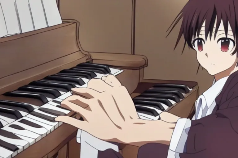 Image similar to A handsome anime boy playing the piano, Kyoto Animation