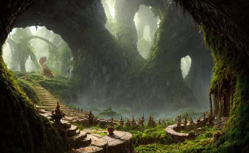 Image similar to worm's eye view of a elven headquarters carved inside a mountain, above lush garden, neat and tidy, fantasy genre, natural light, fantasy, sharp focus, concept art, by greg rutkowski and craig mullins, cozy atmospheric and cinematic lighting, trending on artstation