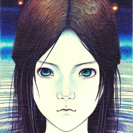 Image similar to prompt: Fragile looking soft light portrait face drawn by Takato Yamamoto and Katsuhiro Otomo, inspired by Ghost in Shell anime, magical and alchemical objects on the side, soft light, intricate detail, intricate ink painting detail, sharp high detail, manga and anime 2000