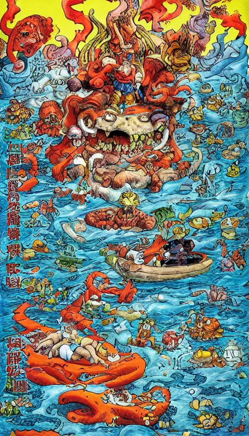 Prompt: man on boat crossing a body of water in hell with creatures in the water, sea of souls, by akira toriyama