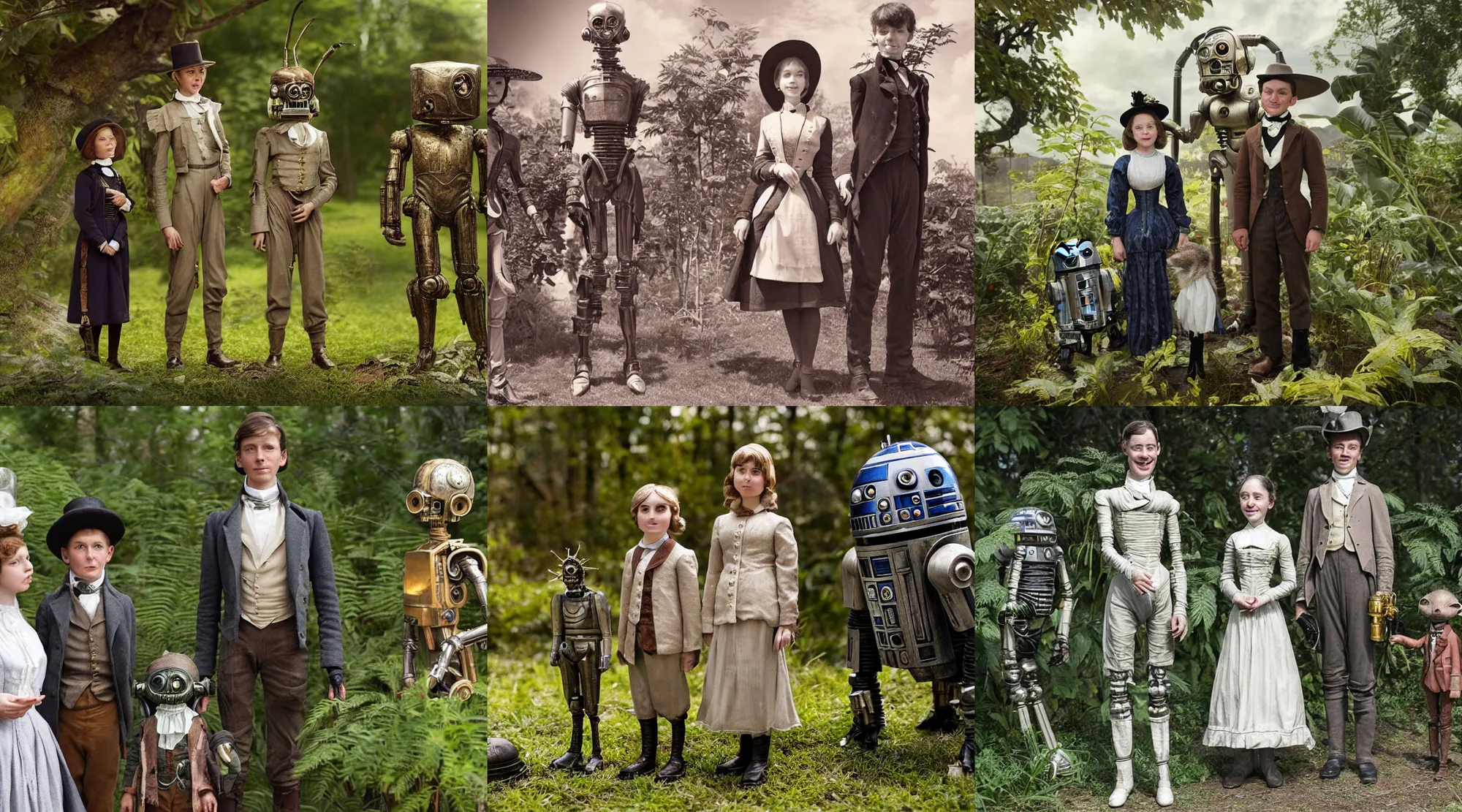 Prompt: detailed, sharp, a girl and a boy standing next to some alien plants, looking happy, wearing 1850s era clothes, their droid is standing nearby while their small pet alien creature is also hovering nearby, in a park on an alien planet, steampunk, extremely highly detailed, hyperrealistic, highly detailed faces, 70 mm still from a period sci fi movie, 4k, HD