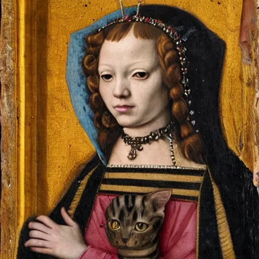 Image similar to a Cat wearing a crown and cape, dark background in a renaissance style portrait painting