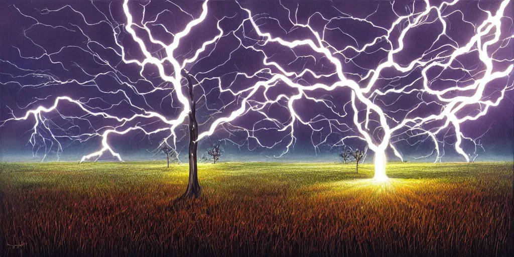 Image similar to lightning strikes a tree in the middle of a field, painting By Dan Mumford,