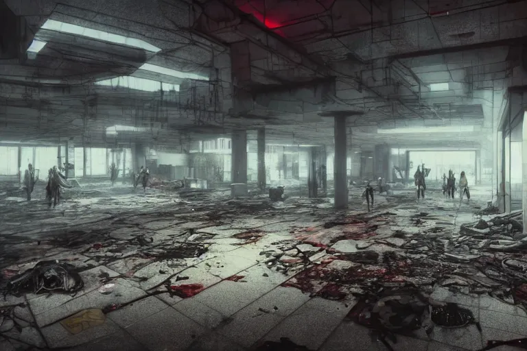 Prompt: low wide angle photo of a abandoned cyberpunk shopping mall with dead human bodies on the floor, a crew of high tech soliders are running out, cinematic lightning, ray tracing, unreal engine, photorealistic, detailed, dark, moody, foggy, scary