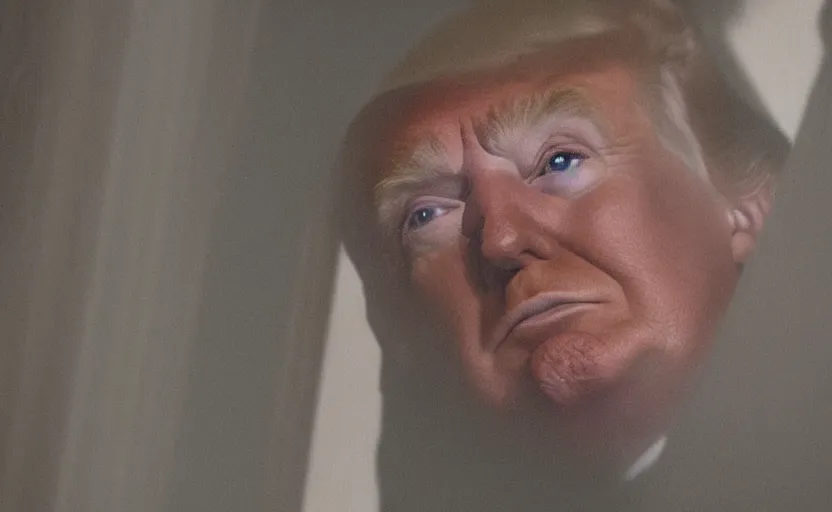 Image similar to a cinematic, close up portrait, of donald trump starring out his window onto new york city on the verge of tears