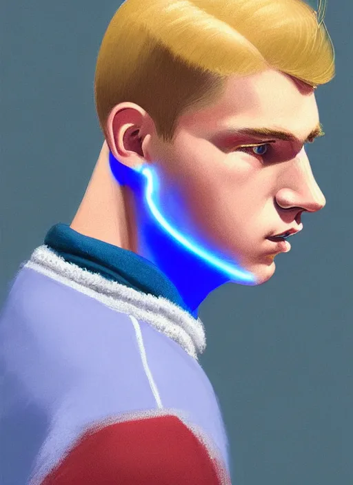 Image similar to portrait of a high school senior boy named moose mason, blonde short hair, jock, beefy, square jaw, square facial structure, 1 9 5 0 s, blue varsity jacket, intricate, elegant, glowing lights, highly detailed, digital painting, artstation, concept art, smooth, sharp focus, illustration, art by wlop, mars ravelo and greg rutkowski