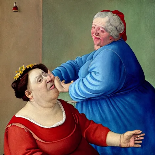 Prompt: of a very funny renaissance style oil painting of a sweet fat old woman kissing herself. symmetrical face, red mouth, blue eyes. a flowered dress. a hyper - realistic scene. 3 d, octane processing, deep focus. a very funny and sweet picture. unreal engine. watercolor. fellini cinematic style. poster quality. freud painting style.