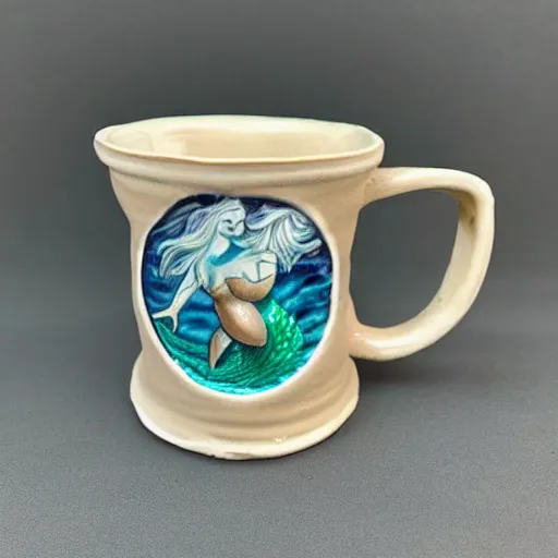 Image similar to a ceramic mug sculpted to be a mermaid