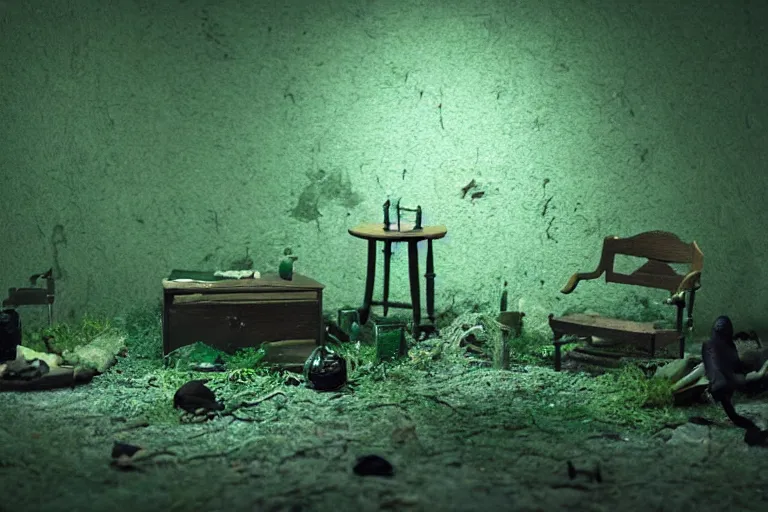 Prompt: diorama of scattered items, spooky, eerie, green lighting, depth of field, walter wick and jean marzollo