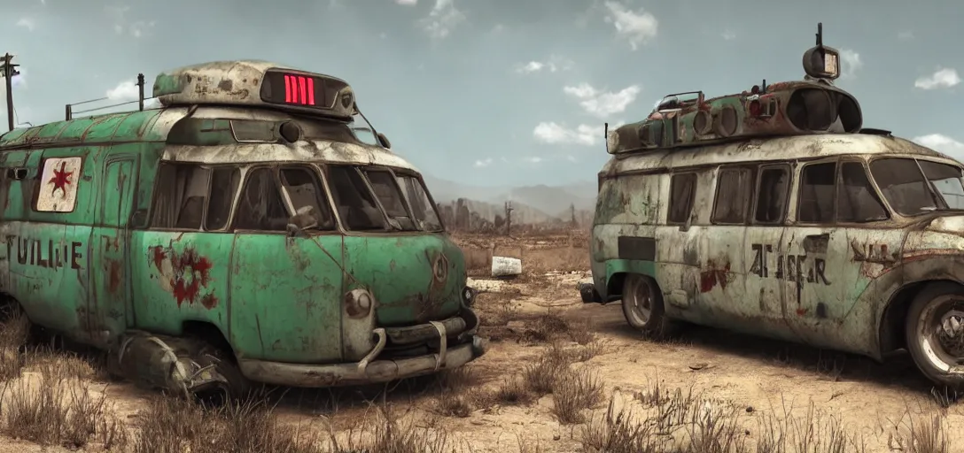 Image similar to fallout ambulance, 8 k photorealistic, hd, high details, trending on artstation