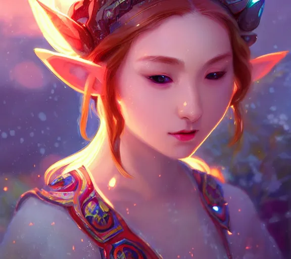 Prompt: beautiful zelda, fire in eye, snow glow, pool party, highly detailed, digital painting, artstation, sharp focus, illustration, art by tan zi and ayanamikodon and alphonse mucha and wlop