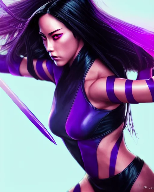 Prompt: Psylocke, Chloe Bennet, long black hair, purple energy sword, realistic character concept, action pose, comic book, illustration, slender symmetrical face and body, artstation, cinematic lighting, hyperdetailed, artgerm, 8k, Rafeal Albuquerque comic book art, single face, insanely detailed and intricate, beautiful