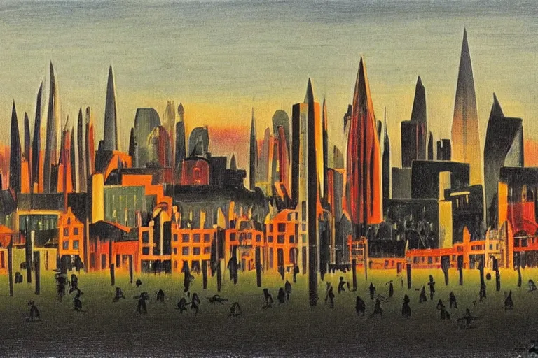 Image similar to color sketch of the london skyline, highly detailed, dramatic lighting, intense shadows, rich deep colours, by henri rousseau