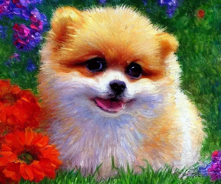 Image similar to pomeranian, cute, monet, oil painting