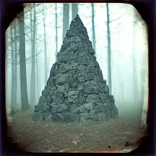 Image similar to a stone pyramid in the middle of a forest clearing, foggy, eerie, creepy, unsettling, lost footage, old polaroid, expired film,