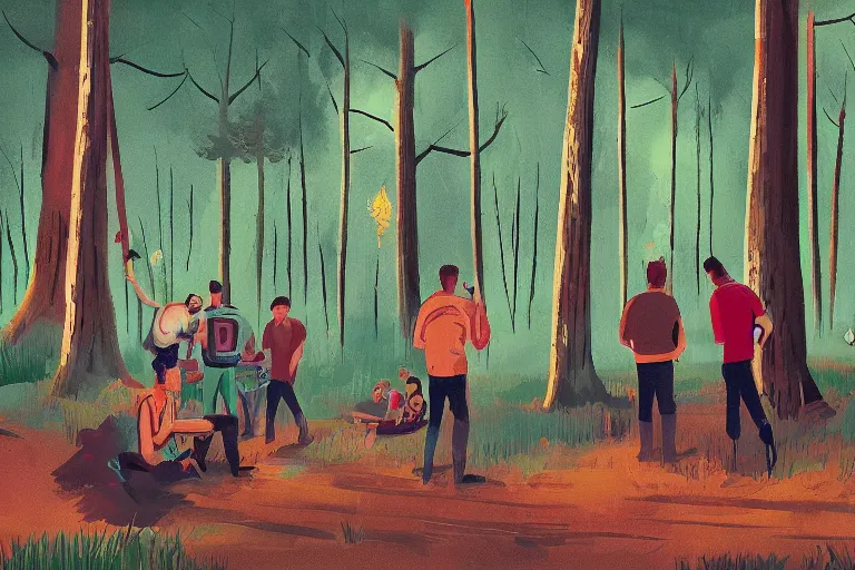 Prompt: mid - thirties guys binge drinking in a forest, in the style of simon stalenhag