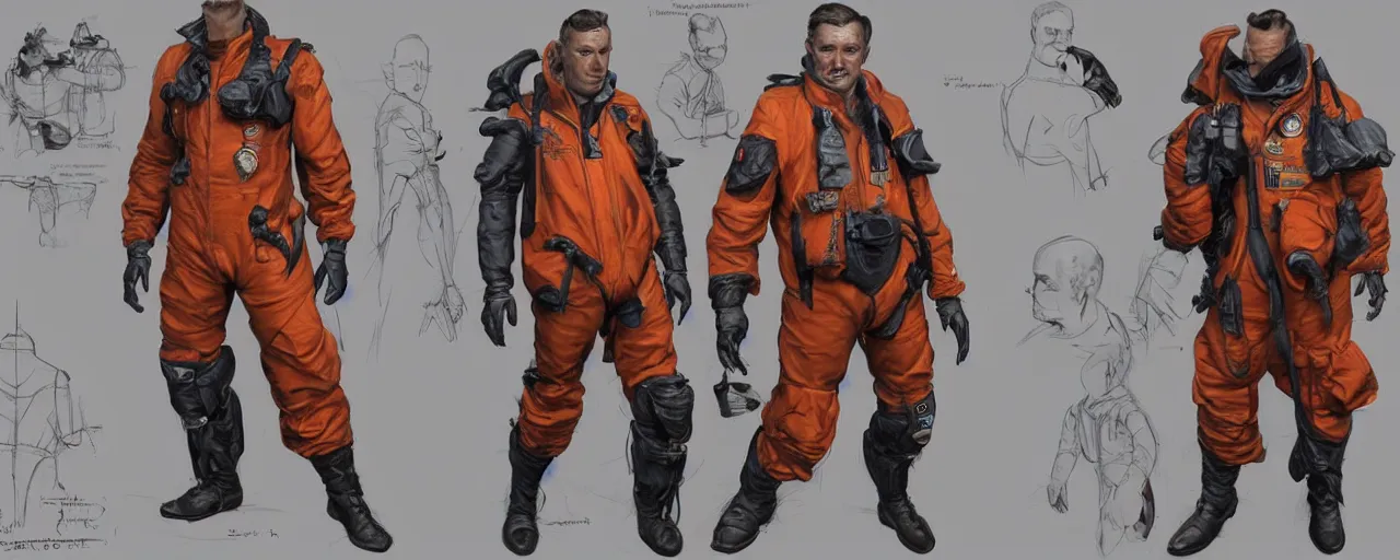 Prompt: character design, reference sheet, gaunt, 70's jetfighter pilot, unshaven, optimistic, dirty orange flight suit, concept art, photorealistic, hyperdetailed, 3d rendering! , art by Leyendecker! and thomas moran,