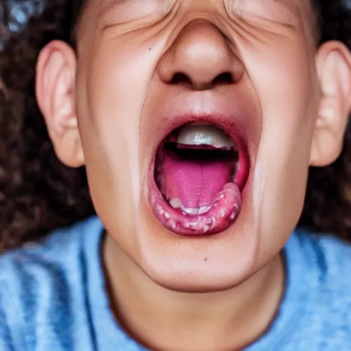 Image similar to a close up shot of a person screaming because a worm got on their face