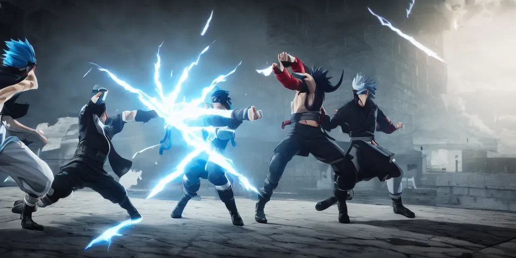 Image similar to kakashi with chidori and captain levi fighting in mortal kombat style, unreal 5, hyperrealistic, realistic, photorealistic, dynamic lighting, highly detailed, cinematic landscape, studio landscape, studio lighting