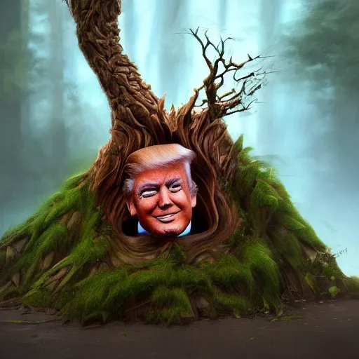 Image similar to donald trump is fused into a tree stump, hyperdetailed, artstation, cgsociety, 8 k