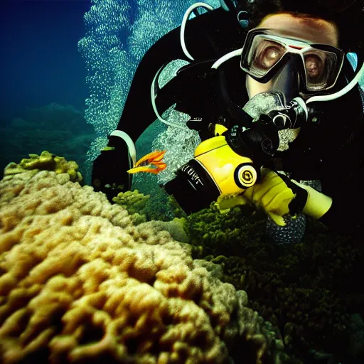 Prompt: scuba diver underwater in darkness surrounded by teeth-like nightmares in the dark, cinematic, 4k,