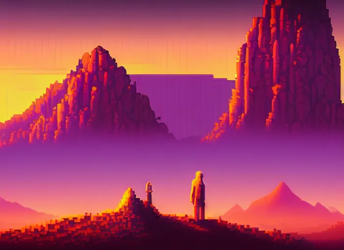 Prompt: detailed pixel art, science fiction pc game point - and - click adventure, daedalic entertainment, desert with city in the skyline, two suns, purple orange colors, sharp focus, illustration, highly detailed, digital painting, concept art, matte, art by wlop and artgerm and greg rutkowski, masterpiece