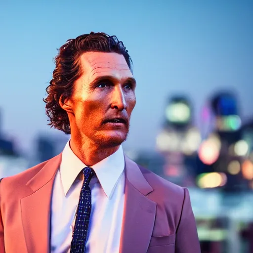 Image similar to a still of matthew mcconaughey . Shallow depth of field. City at night in background, lights, colors ,studio lighting, mood, 4K. Profession photography