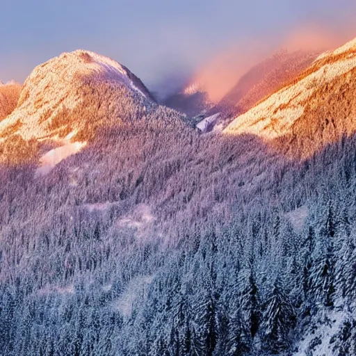 Prompt: snowfall over a beautiful mountain scene with sparse rays of sunshine