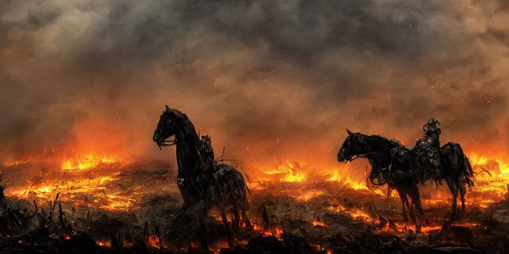 Image similar to a castle in distance in flames and ruins, the ground is dark and cracked, a large man in full plate of black armor, splattered in blood, riding a large black horse with red glowing eyes and red wisps emanating from it's eyes, blackened clouds cover sky crackling with lightning and rain in the distance,,