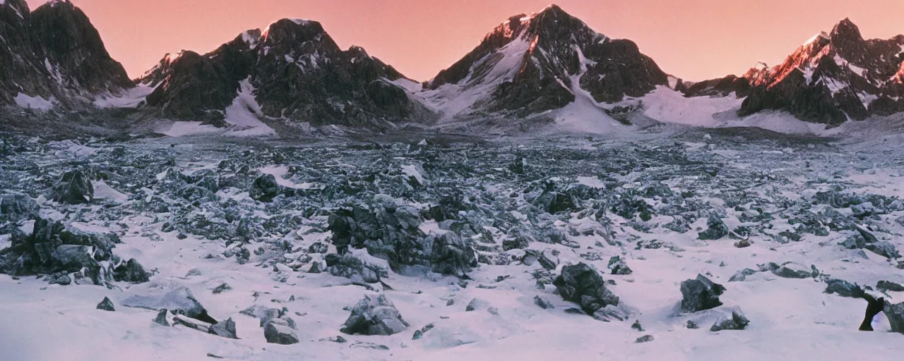 Image similar to the frozen tundra on an alien planet, mountains in the background, carbon based life forms playing, national geographic, canon 5 0 mm, cinematic lighting, photography, retro, film, kodachrome