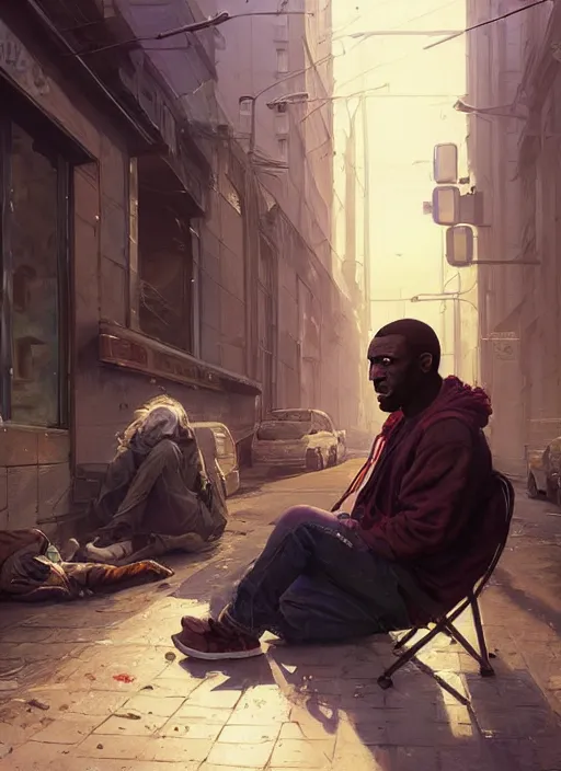 Image similar to Highly detailed portrait of homeless and beaten up Marques Brownlee, in GTA V, Stephen Bliss, unreal engine, fantasy art by Greg Rutkowski, Loish, Rhads, ferdinand knab, Makoto Shinkai and Lois van baarle, ilya kuvshinov, rossdraws, Tom Bagshaw, global illumination, radiant light, detailed and intricate environment