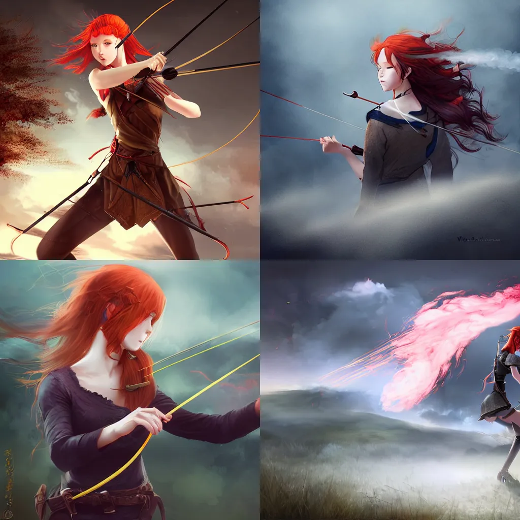 Prompt: A redheaded female archer veiled by rolling smoke, pulling her bow and aiming at her target, standing at the top of a hill. Dark fantasy anime, digital painting by WLOP.