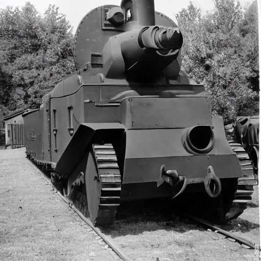 Image similar to WW2 era photograph of 800mm German artillery Dora from WW2 with with face of Thomas the Tank Engine