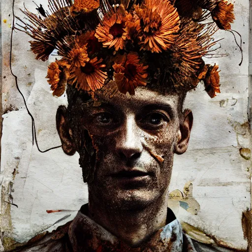 Image similar to a painting of a very ordinary person, by Anselm Kiefer, mixed media, rusted metal, flowers, anatomically correct, beautiful perfect face, sharp focus, Highly Detailed, Cinematic Lighting, octane render, volumetric lighting, post-production, 8k, HD