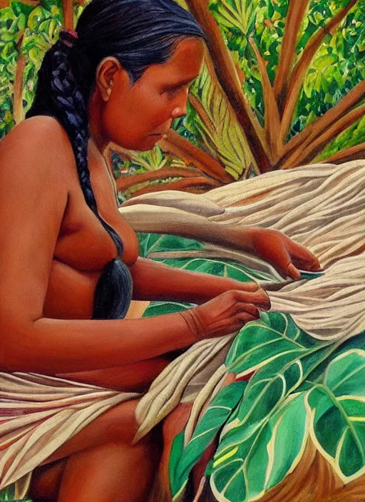 Prompt: a beautiful painting of an indigenous female doing crafting of a beautiful fabric in the jungle, realistic face and body