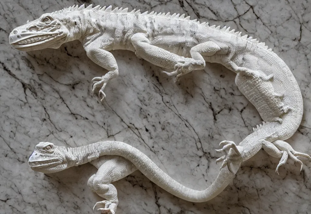 Image similar to photograph of a sculpture on marble white of a iguana , made from Gian Lorenzo Bernini, artstation, hyper realistic, drammatic light