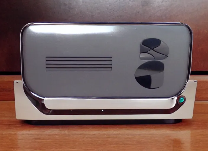 Image similar to retro futurist design of a console by nintendo, black bakelite, wooden casing, aluminium