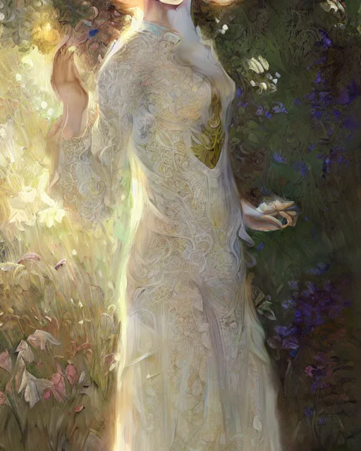 Image similar to Floralpunk elysian Maiden of radiant light wearing ivory lace dress made of stardust by Ruan Jia and artgerm, award winning art, Artstation, art nouveau aesthetic, Alphonse Mucha background, intricate details, semi-realistic, full view
