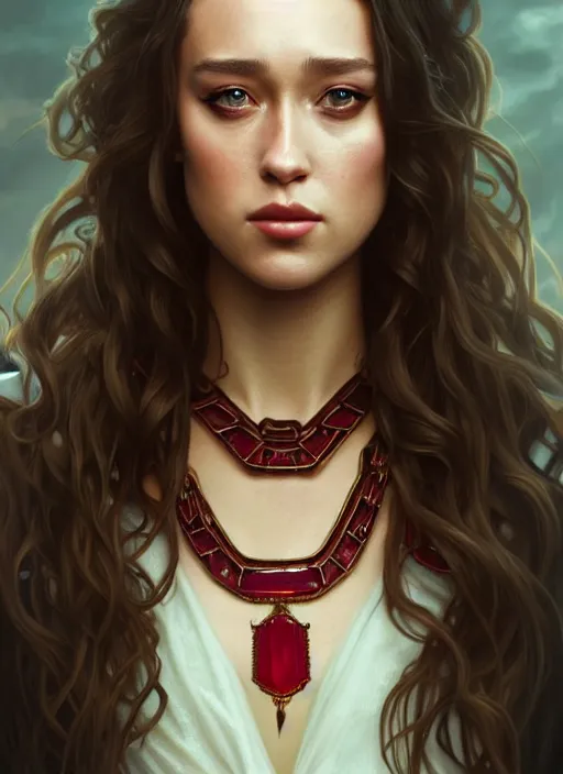 Image similar to portrait of alycia debnam - carey as a vampire lord, jewelry, greek, ruby, intricate, headshot, highly detailed, digital painting, artstation, concept art, sharp focus, cinematic lighting, illustration, art by artgerm and greg rutkowski, alphonse mucha, cgsociety