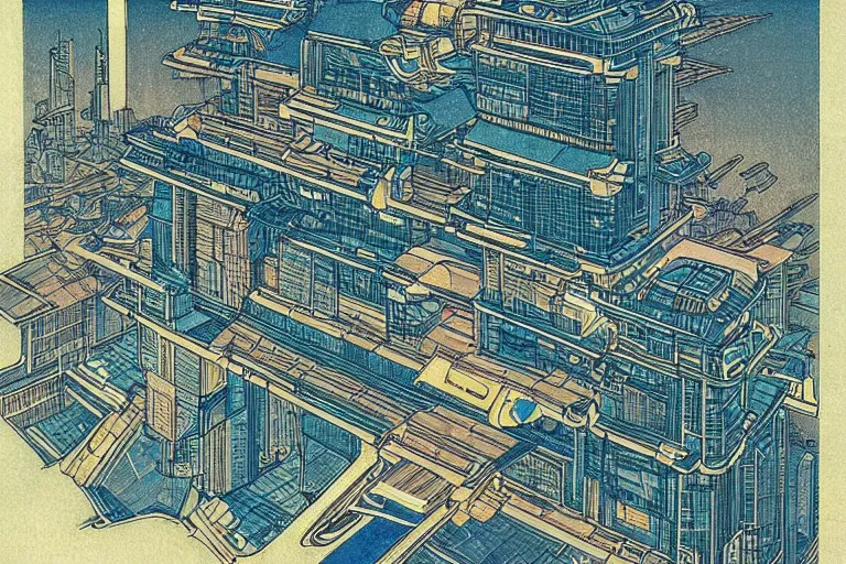 Prompt: cyberpunk buildings with a flight vehicle glowing in the sky, bottom view ， bladerunner, by hiroshige utakawa