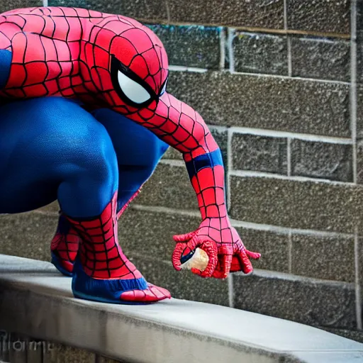 Image similar to overweight spider - man eating a bagel, photograph, 8 k