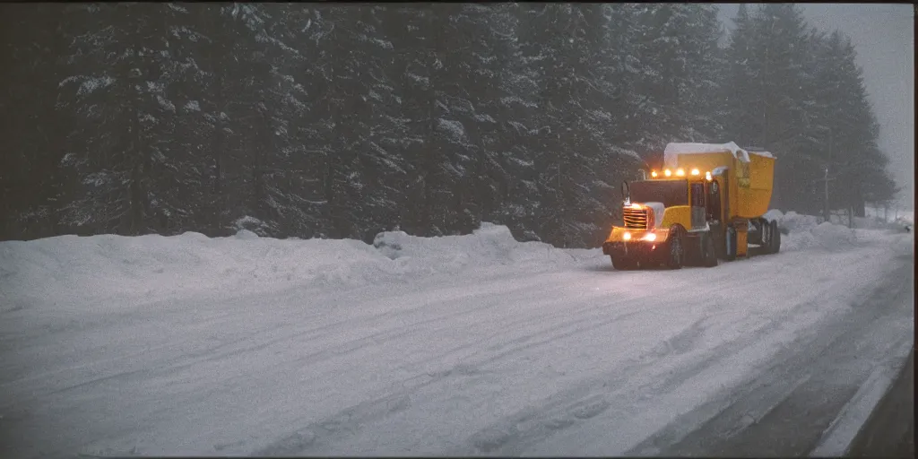 Image similar to photo, big snow plow truck is in the distance with a bright headlighta. cold color temperature, snow storm. hazy atmosphere. humidity haze. kodak ektachrome, greenish expired film, award winning, low contrast,