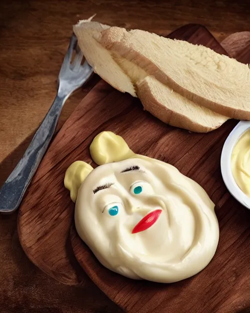 Image similar to mayonnaise in the shape of a human face, human face made out of mayonnaise, megan fox made out of mayonnaise!!!!!, professional food photography, unreal engine