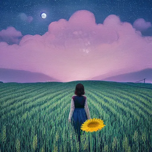 Image similar to giant daisy flowers as a head, girl walking in wheat field, hills, surreal photography, moon light, dark night, star trails, dramatic light, impressionist painting, clouds, digital painting, artstation, simon stalenhag