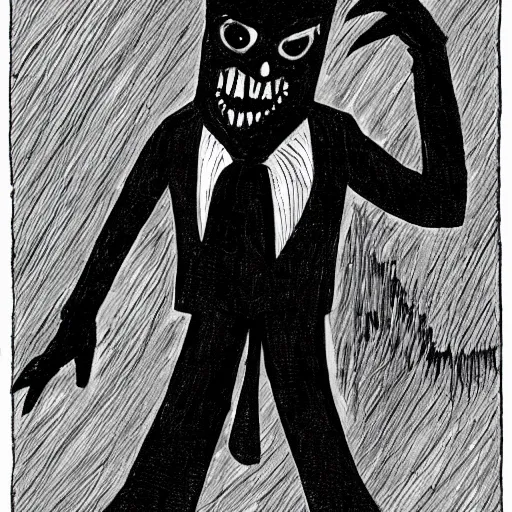 Image similar to a Pop Wonder scary horror themed goofy-hilarious-character babadook-wearing a scarf, 3-piece-suit, dime-store-comic drawn with charcoal and pen and ink, half-tone-line-stacking